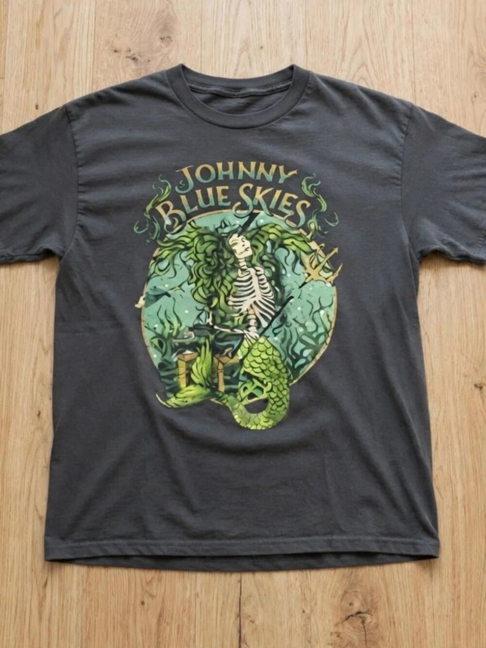 Johnny Blue Skies Skeleton Mermaid Charcoal Graphic T-Shirt S-4XL [Reprint]